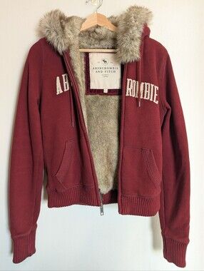 Abercrombie And Fitch Maroon Full Zip Hoodie Faux Fur Lined Embroidered Size L
